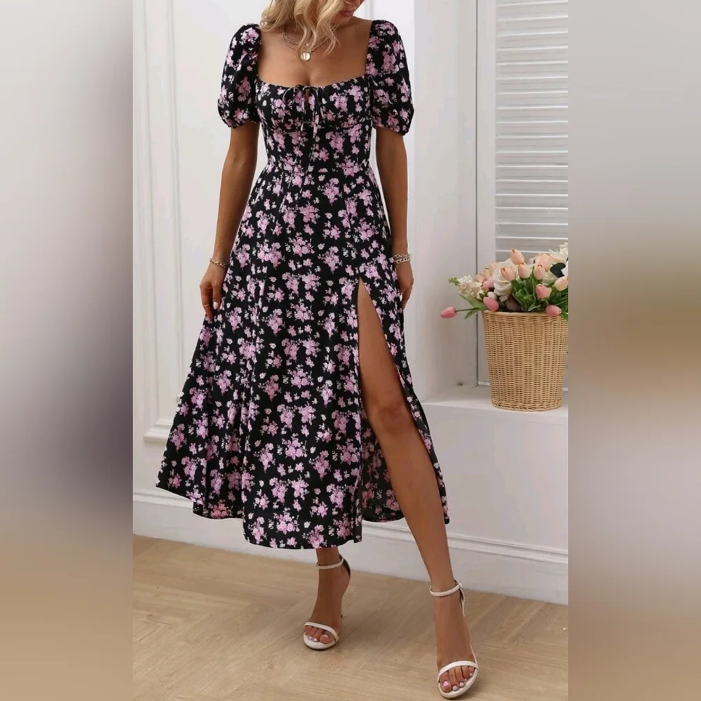 NEW Boho Floral Print Milkmaid Tie Midi Dress Black - Picture 6 of 8